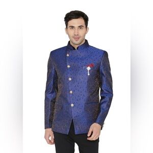 Banarsi Rayon Cotton Blue Bandhgala  Jacket Blazer NWT Wintage Indian